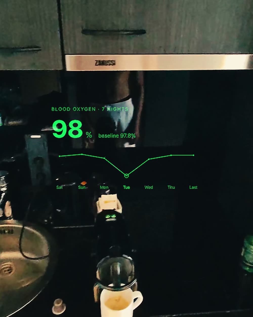 Blood oxygen trend shown through the lens: 98 percent over seven nights