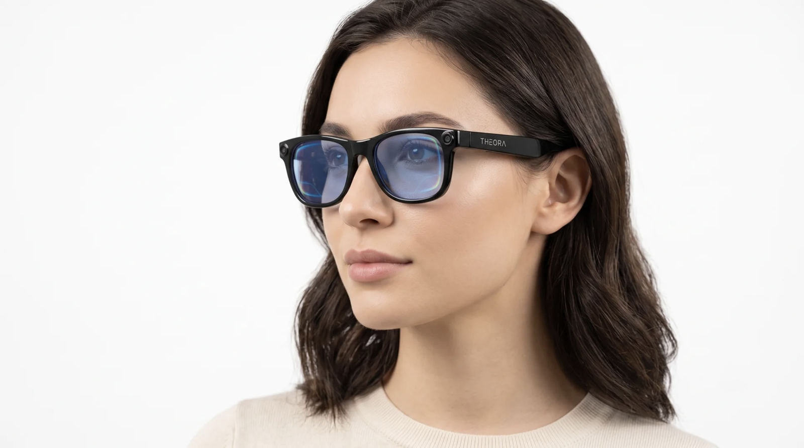 Person wearing Theora glasses indoors in natural light