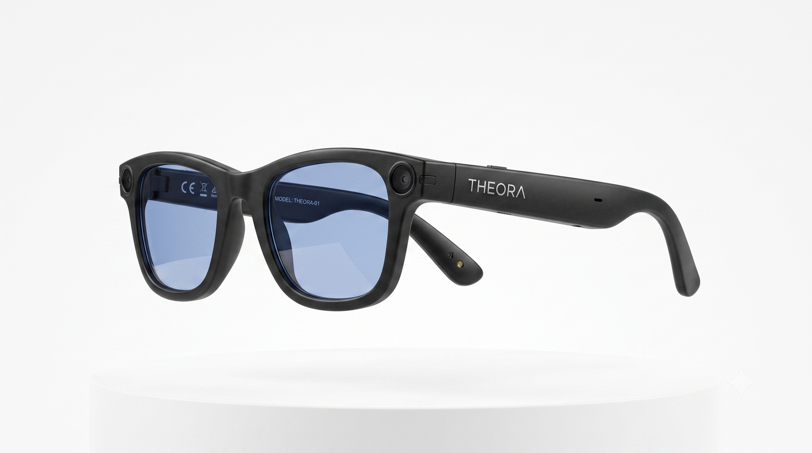 Theora glasses, three-quarter studio view on pedestal