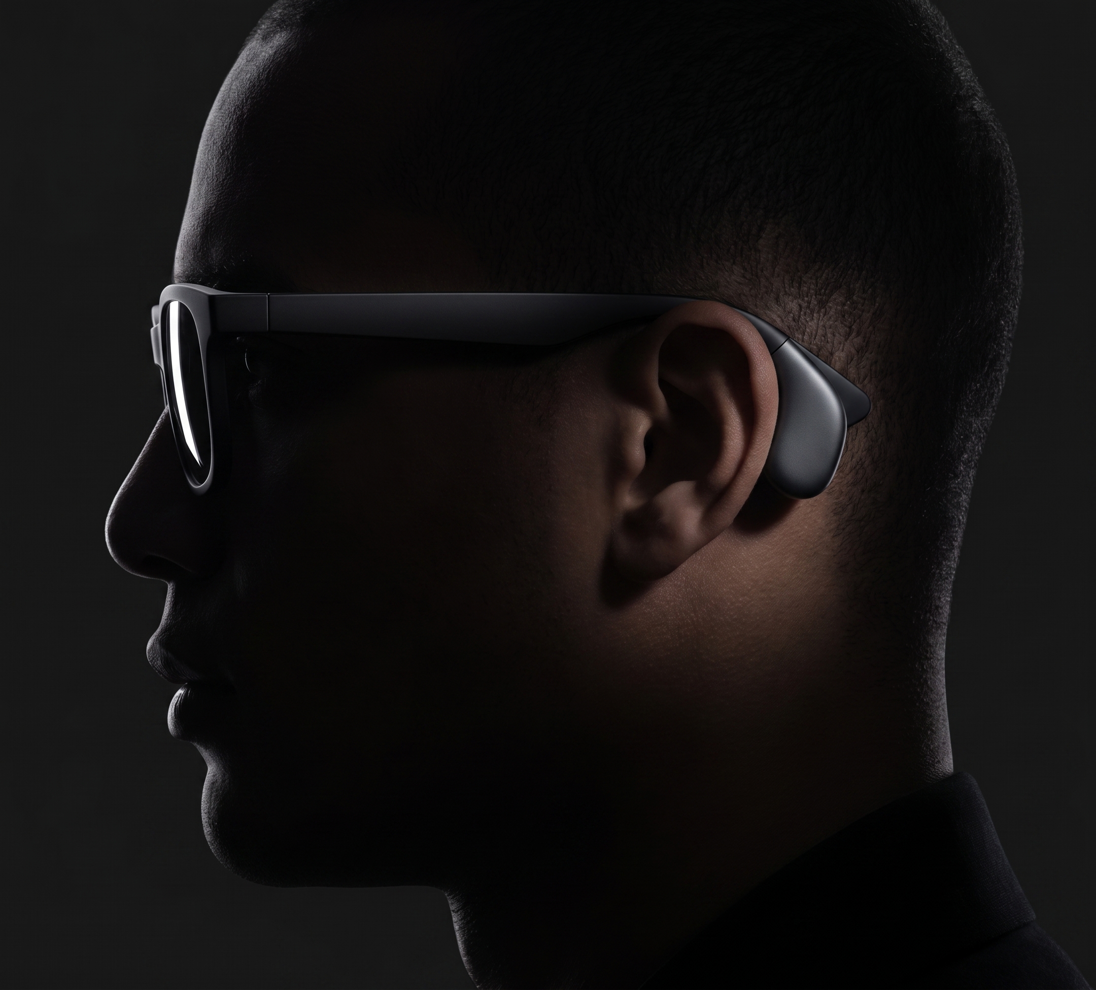 Theora concept glasses worn in a dark side-profile portrait